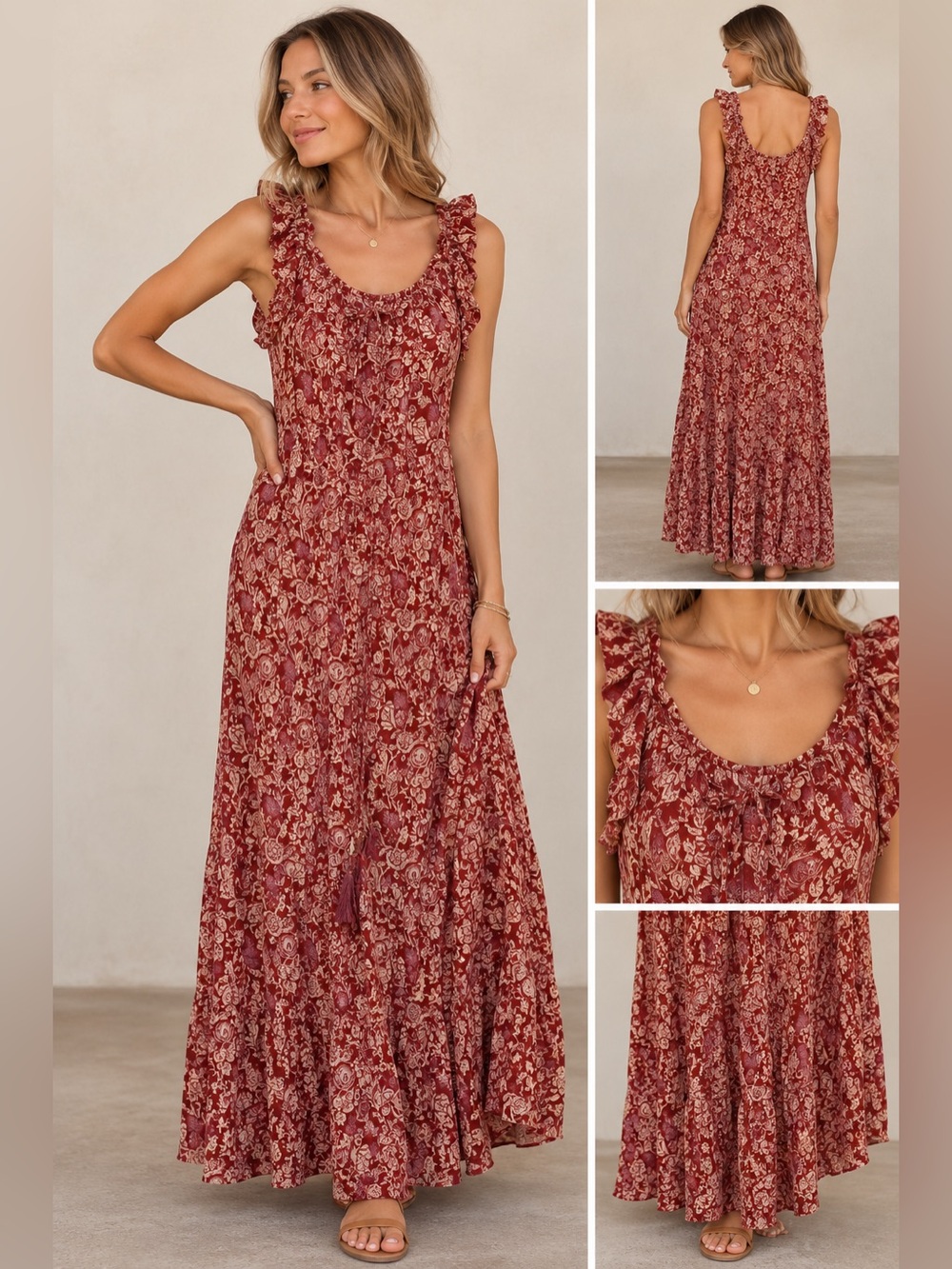 Natural Life Boho Floral Paisley Ruffle Maxi Dress Size Large